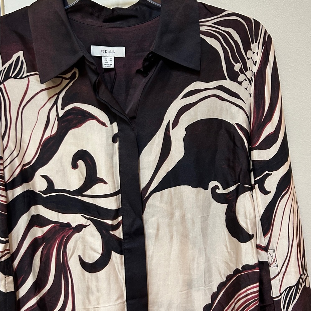 Reiss Women’s Size 6 Karl Orchid Printed button down shirt brown red - Picture 9 of 16
